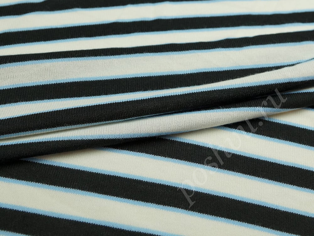 Ткань трикотаж, цвет: бело-черная полоска с голубым вкраплениями