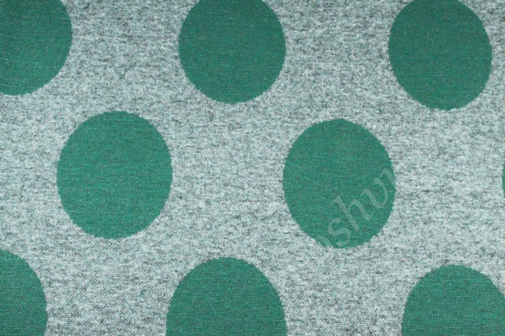 Трикотажная ткань, крупный горох темно-зеленого цвета на сером поле