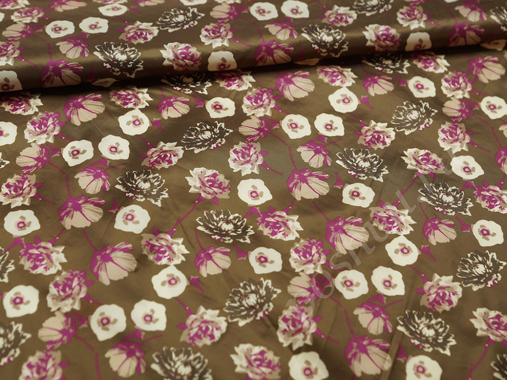 Плащевая ткань цветочный принт на поле цвета хаки