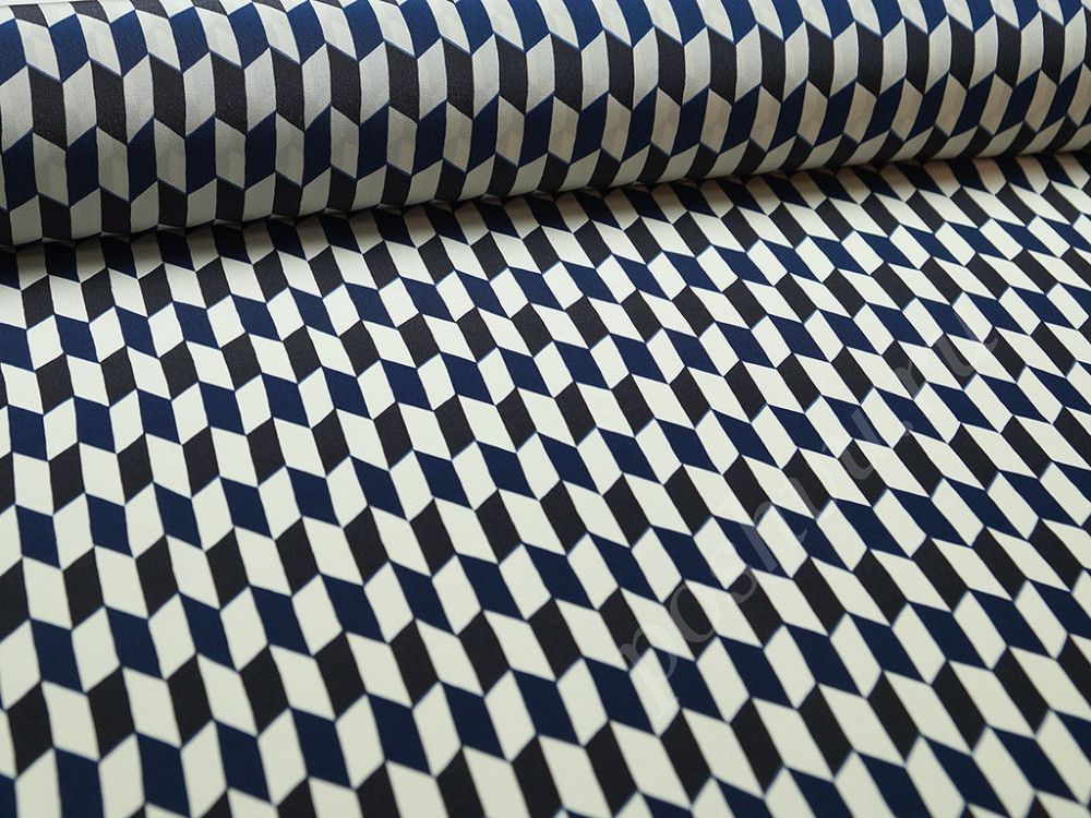 Шелковая блузочно-плательная ткань с геометрическим рисунком синего, черного и белого цветов