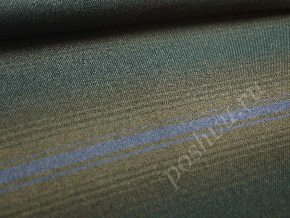 Пальтовая двухсторонняя ткань на серо-зеленом фоне цветные полосы