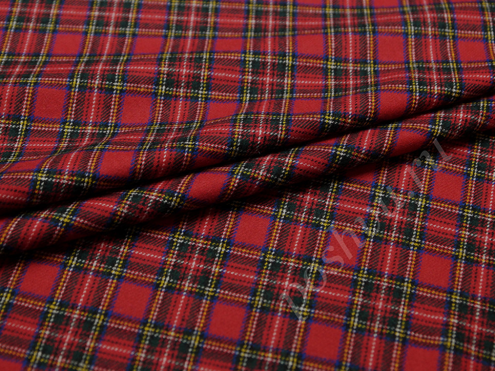 Классическая 2х сторонняя костюмная ткань, клетка тартан в красно-зеленых тонах (251 гр/м2)