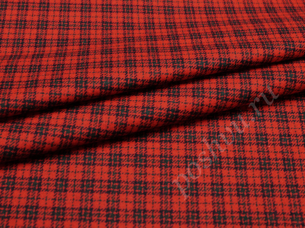 Ткань костюмная 2х сторонняя, клетка тартан черно-красная (246 гр/м2)