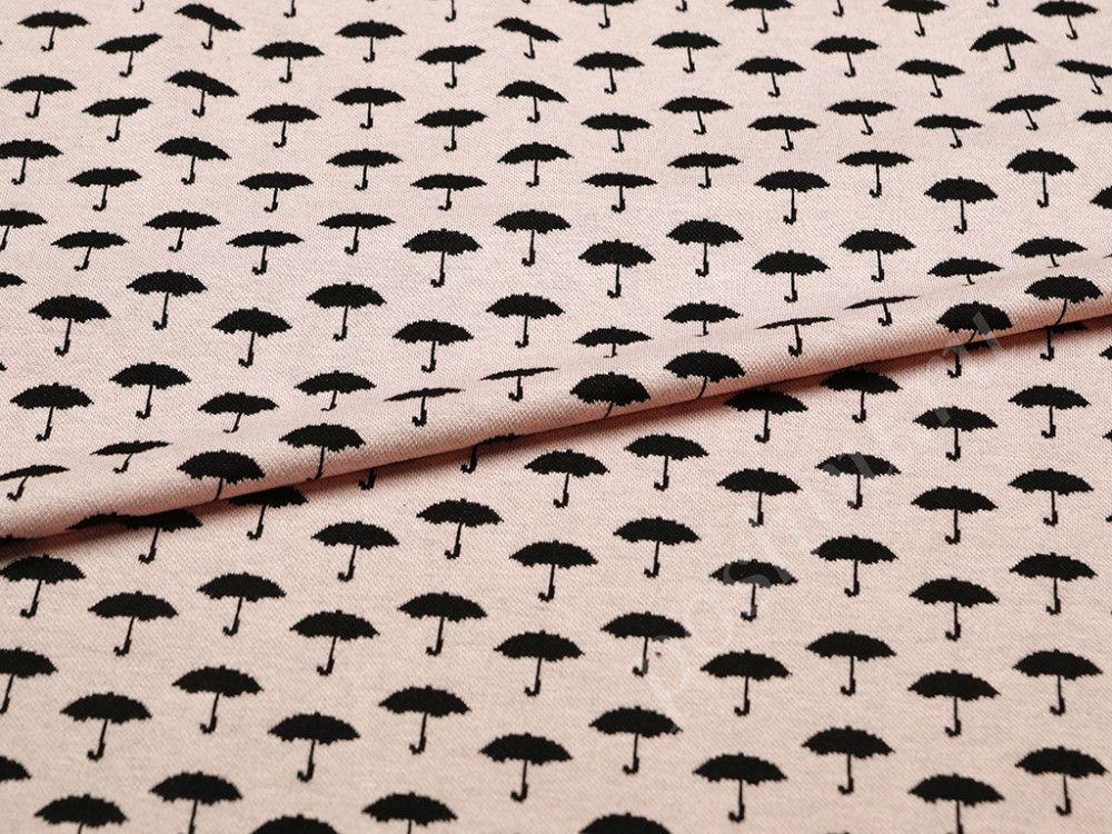 Трикотажная ткань черные зонтики на розовом фоне