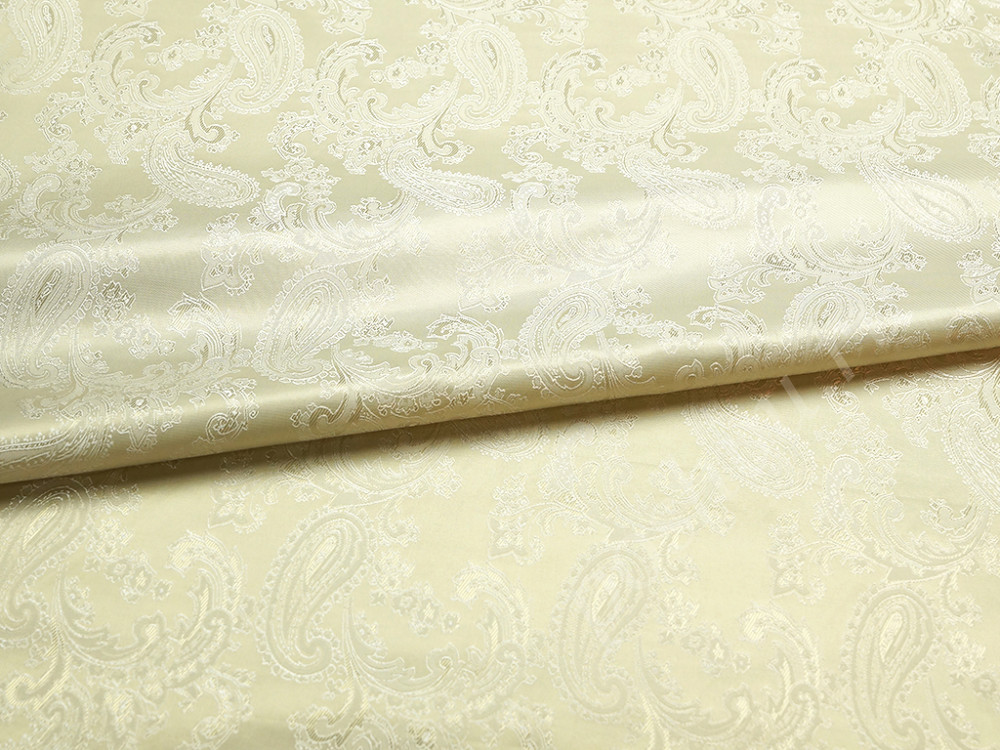 Подкладочная жаккардовая ткань золотисто-бежевого цвета с огуречным принтом