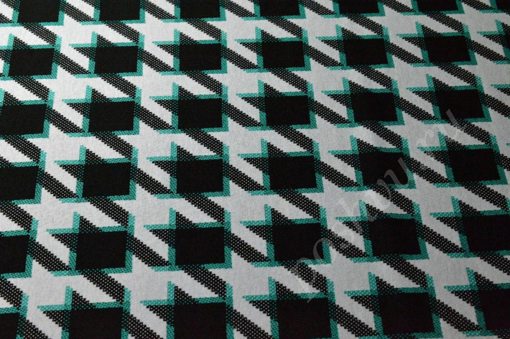 Трикотажная ткань изумрудно-бежевая гусиная лапка на черном фоне