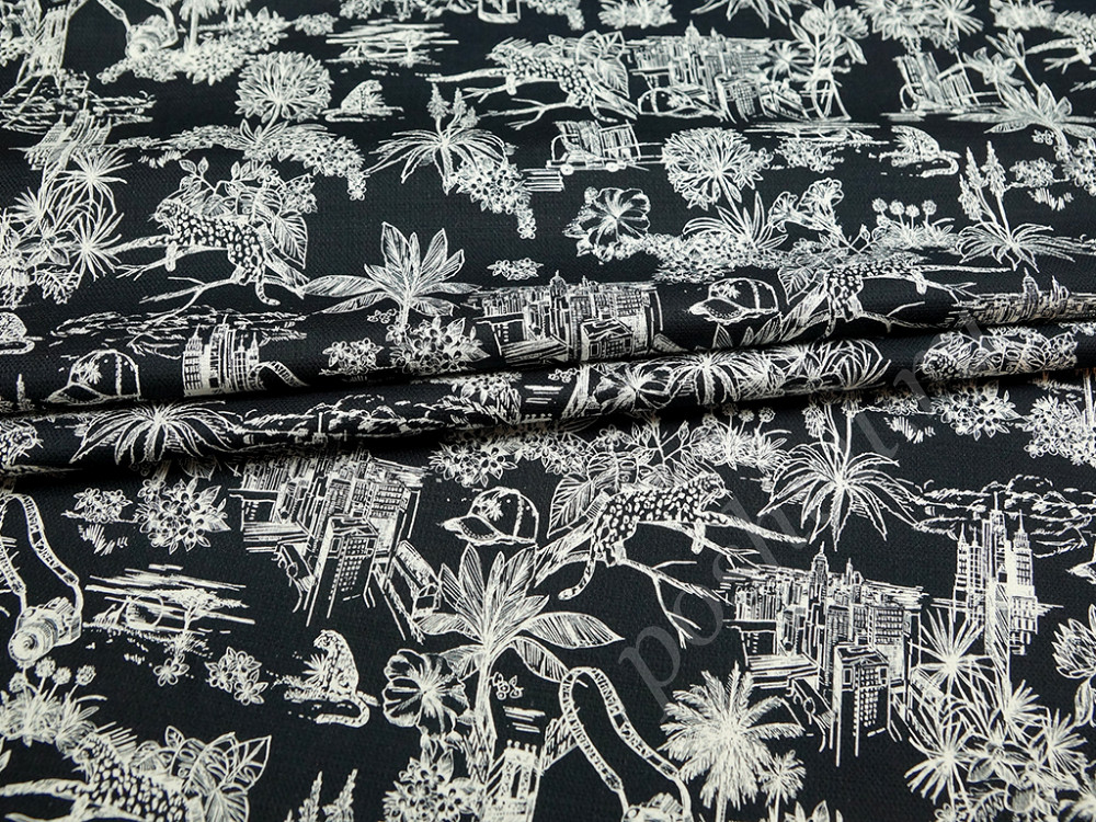 Хлопковая ткань с рисунком городские джунгли черный фон