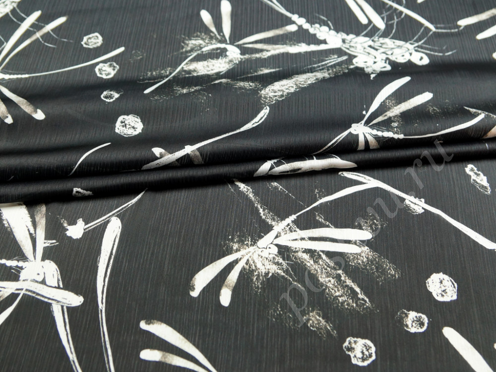 Блузочная ткань черно-белого цвета с принтом "стрекозы"