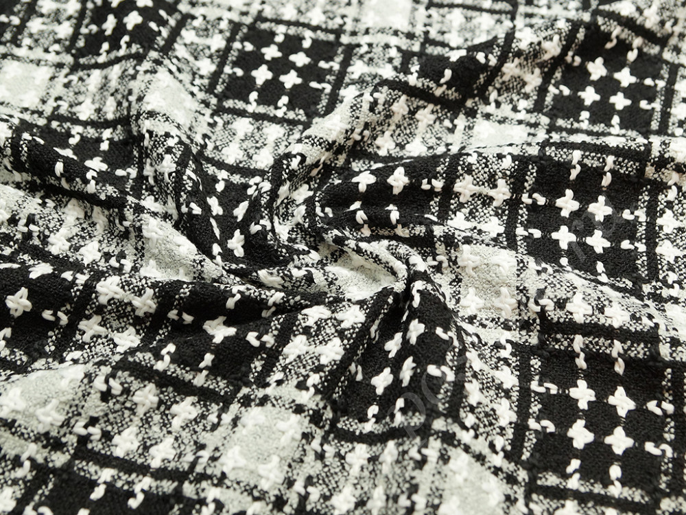 Ткань костюмная крупного плетения, черно-белая клетка