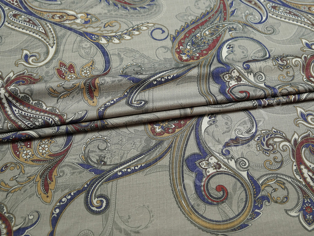 Трикотажная двухсторонняя ткань с рисунком Пейсли на сером фоне