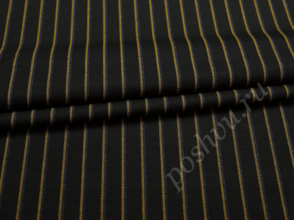 Трикотажная ткань в сине-желтую полоску на черном фоне