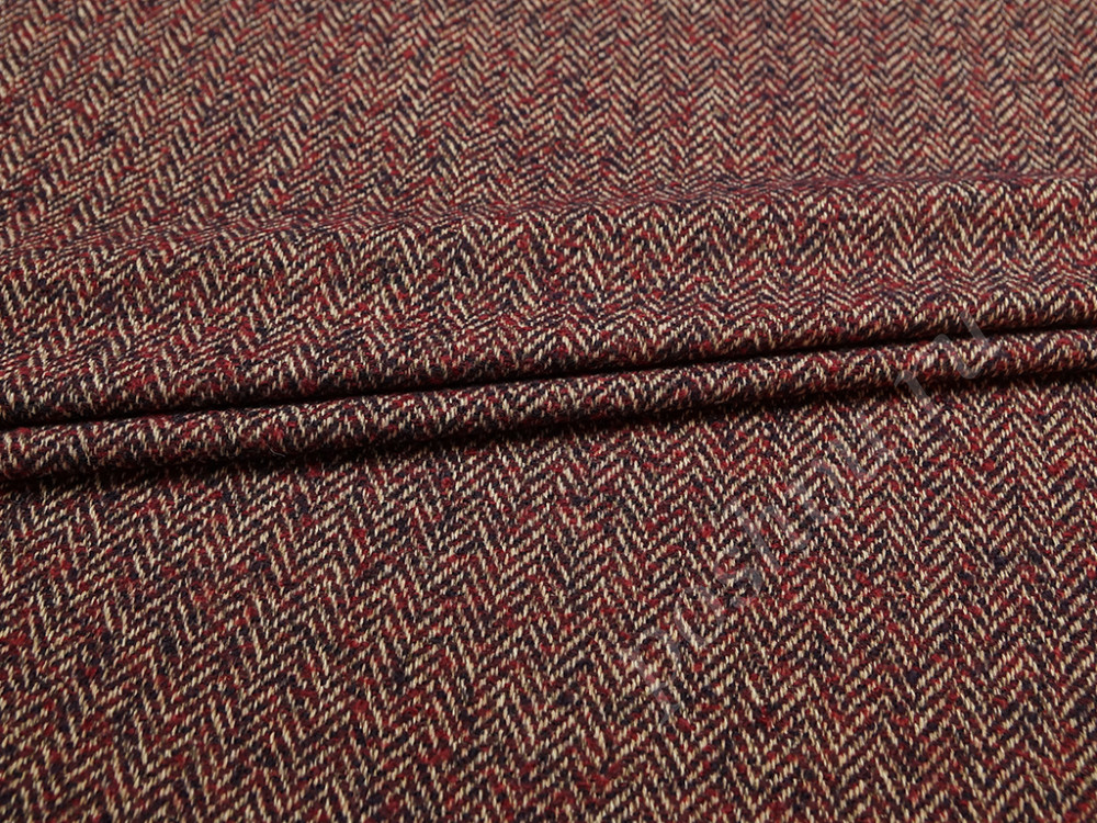 Пальтовая двухсторонняя ткань бежево-бордовых тонов в елочку